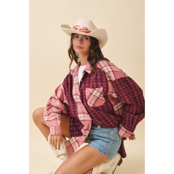 Pink Mauve Kambrie Button Down Plaid Patchwork Flannel Casual Shirt - Picture 3 of 8